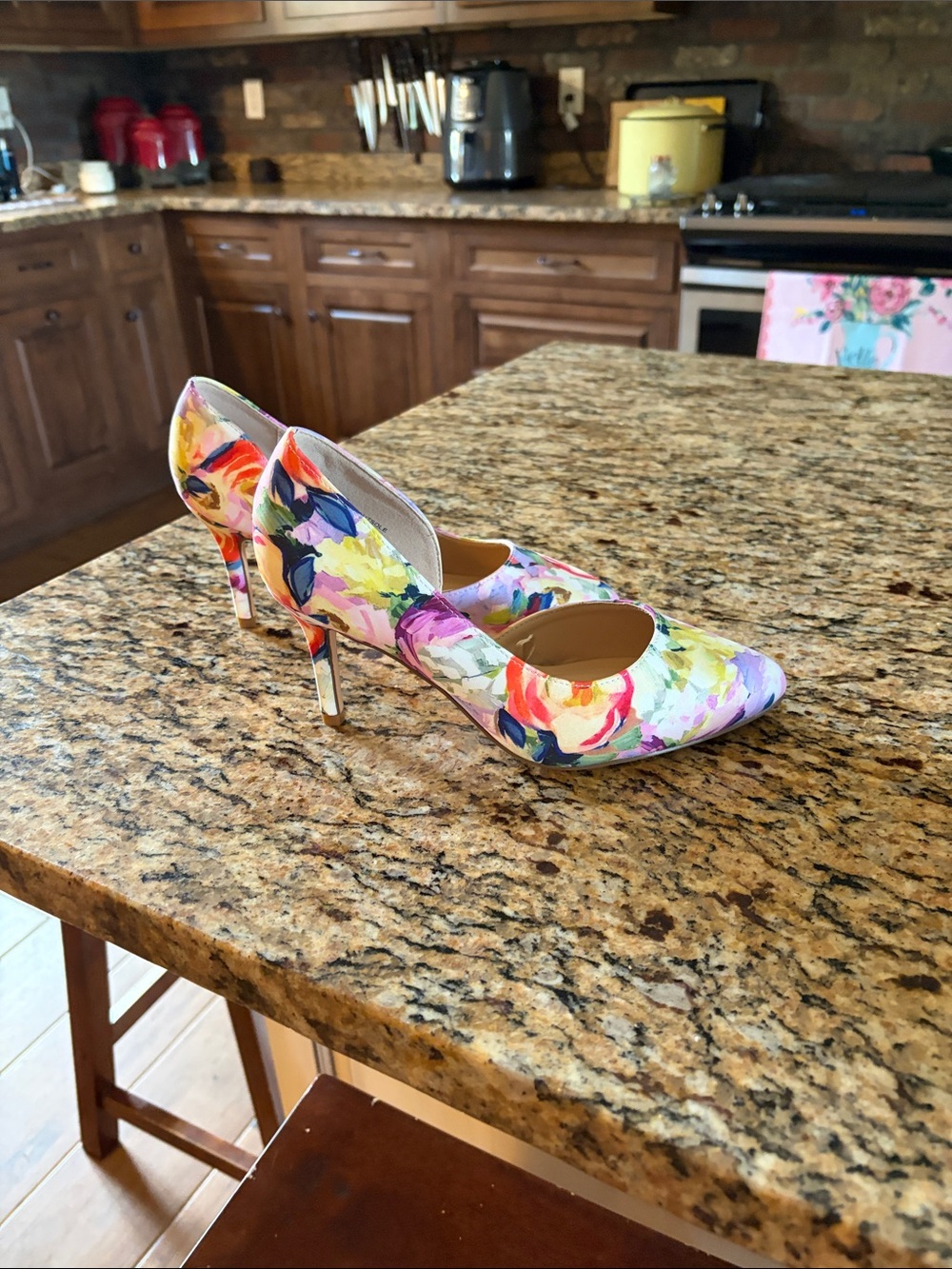 pop Floral Multicolor Stiletto Pumps in Pink, Yellow, Blue